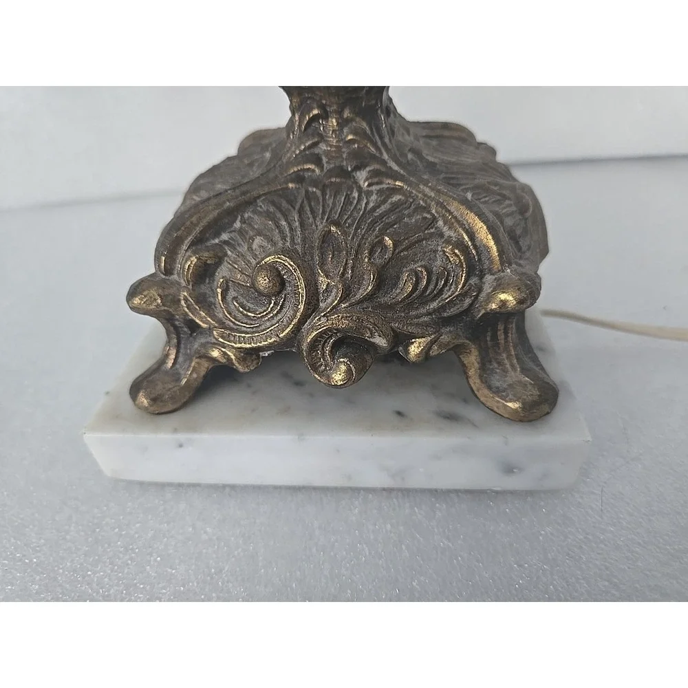 Vtg Hollywood Regency Lamp Bronze Scrolls Marble Base Crystal Glass Belly 1970s